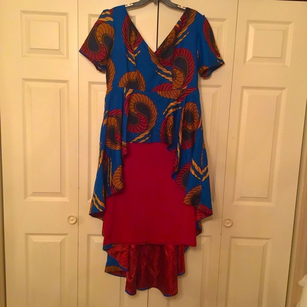 EY Studio Bold Royal Blue, Ruby Red & Gold Print African high-low dress